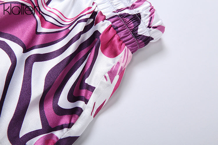 Multi-Color Print Two Piece Set Casual Short Sleeve Pleat Top+ High Waist Elastic Shorts